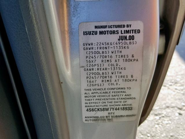 4S6CK58W7Y4418933 - 2000 HONDA PASSPORT E ვერცხლისფერი ფოტო 10