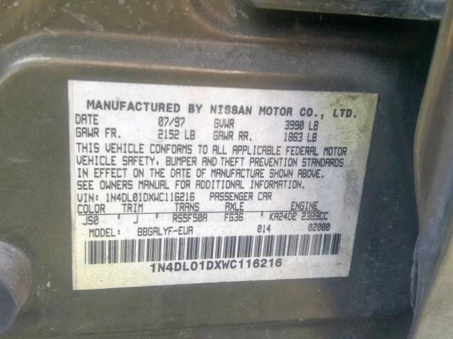 1N4DL01DXWC116216 - 1998 NISSAN ALTIMA XE GREEN photo 10