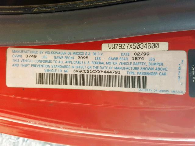 3VWCC21CXXM444791 - 1999 VOLKSWAGEN NEW BEETLE Qırmızı foto 10