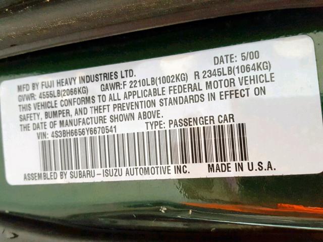 4S3BH6656Y6670541 - 2000 SUBARU LEGACY OUT GREEN photo 10