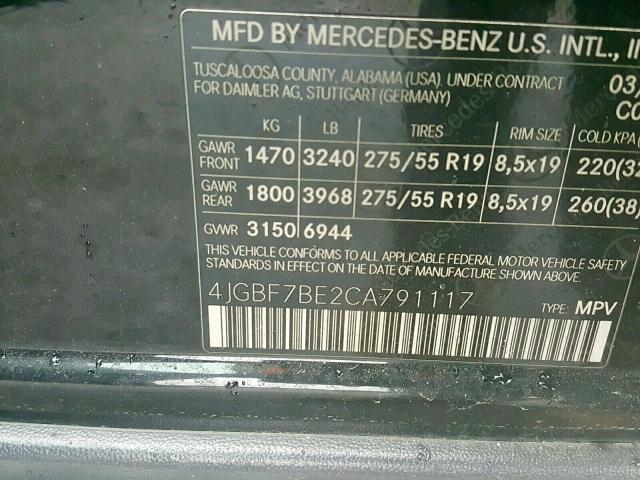 4JGBF7BE2CA791117 - 2012 MERCEDES-BENZ GL 450 4MA BLACK photo 10