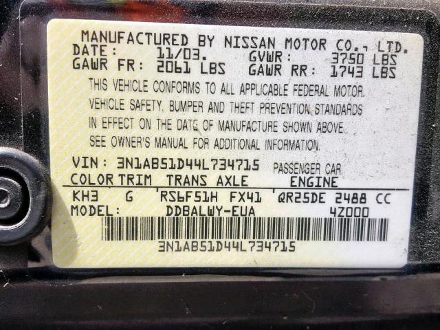 3N1AB51D44L734715 - 2004 NISSAN SENTRA SE- BLACK photo 10