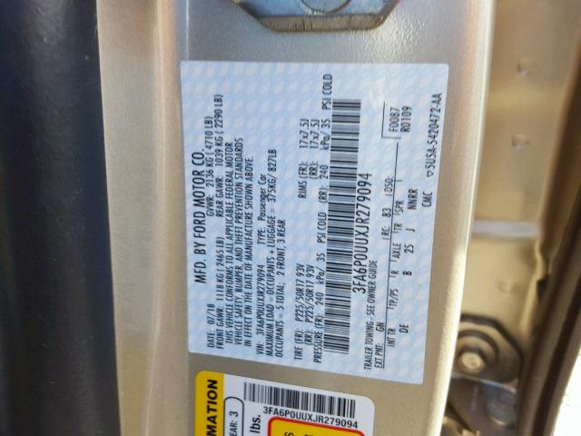 3FA6P0UUXJR279094 - 2018 FORD FUSION S H GOLD photo 10