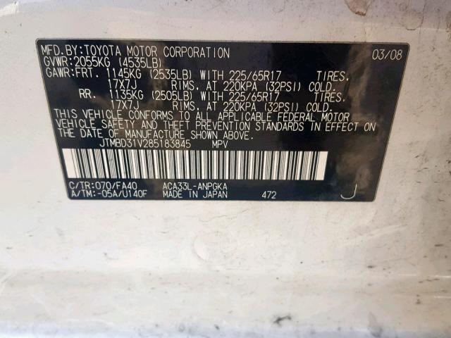 JTMBD31V285183845 - 2008 TOYOTA RAV4 LIMIT WHITE photo 10