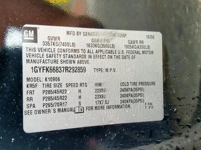 1GYFK66837R292859 - 2007 CADILLAC ESCALADE E BLACK photo 10