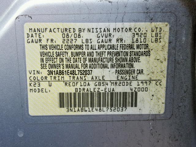 3N1AB61E48L752037 - 2008 NISSAN SENTRA 2.0 SILVER photo 10