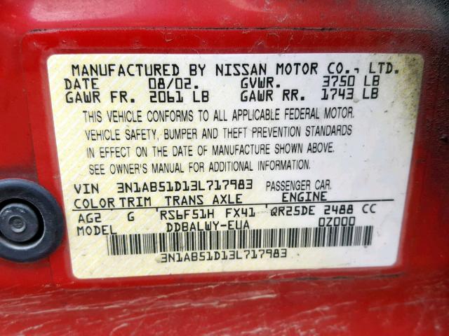 3N1AB51D13L717983 - 2003 NISSAN SENTRA SE- RED photo 10