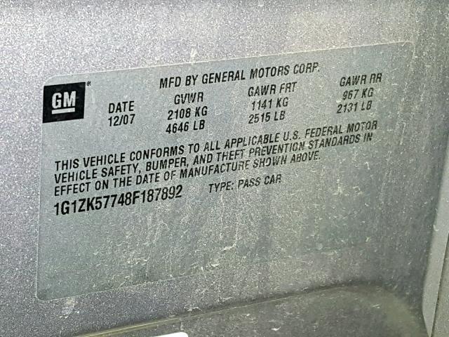 1G1ZK57748F187892 - 2008 CHEVROLET MALIBU LTZ SILVER photo 10