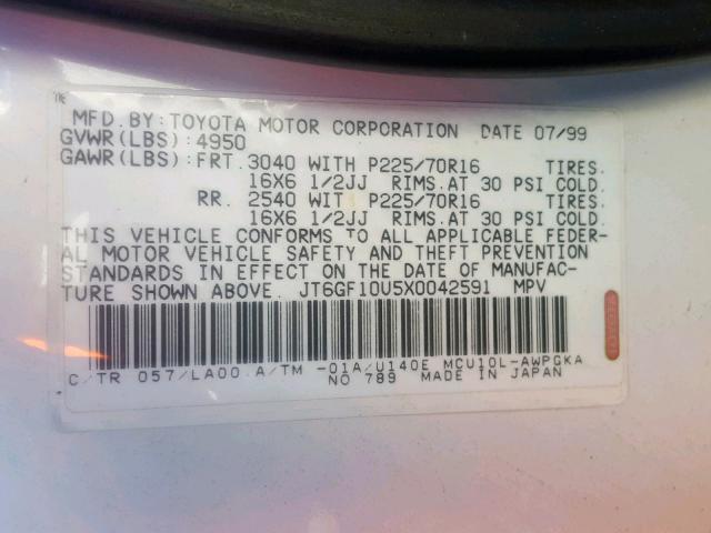 JT6GF10U5X0042591 - 1999 LEXUS RX 300 WHITE photo 10