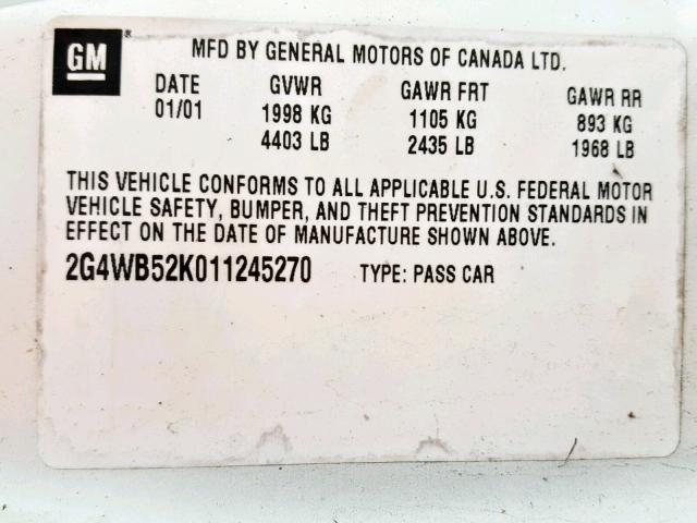 2G4WB52K011245270 - 2001 BUICK REGAL LS WHITE photo 10