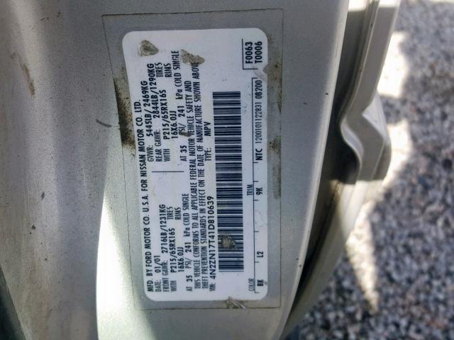 4N2ZN17T41D810639 - 2001 NISSAN QUEST GLE SILVER photo 10
