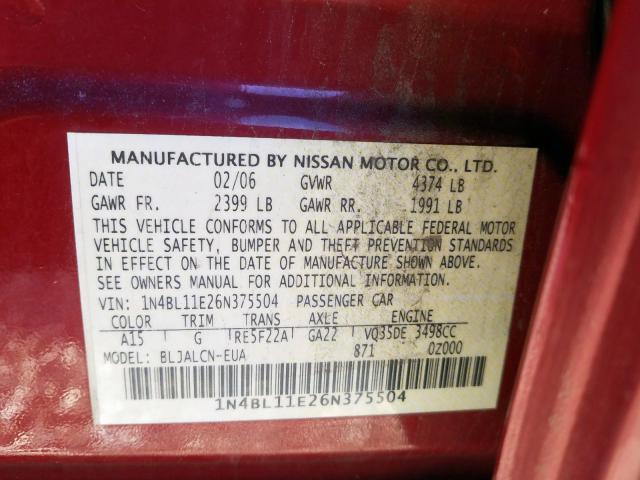 1N4BL11E26N375504 - 2006 NISSAN ALTIMA SE  photo 10