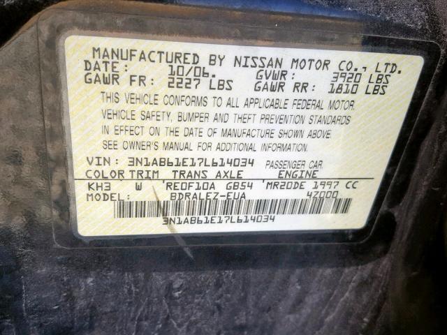 3N1AB61E17L614034 - 2007 NISSAN SENTRA 2.0 BLACK photo 10