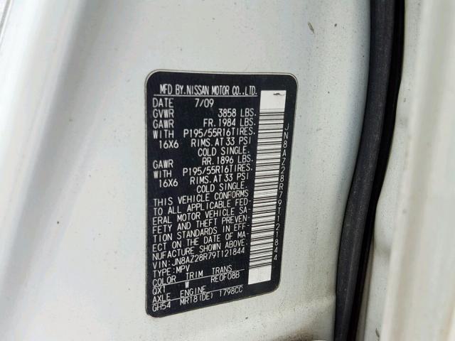 JN8AZ28R79T121844 - 2009 NISSAN CUBE BASE WHITE photo 10