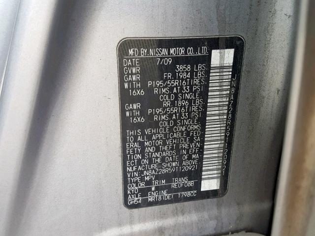 JN8AZ28R59T120921 - 2009 NISSAN CUBE BASE GRAY photo 10