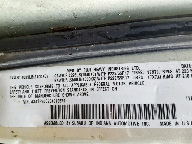 4S4BP86C754310579 - 2005 SUBARU LEGACY OUT TAN photo 10