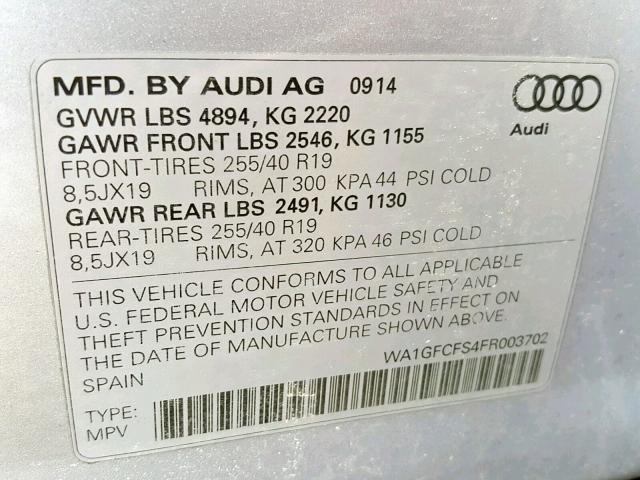 WA1GFCFS4FR003702 - 2015 AUDI Q3 PRESTIG SILVER photo 10