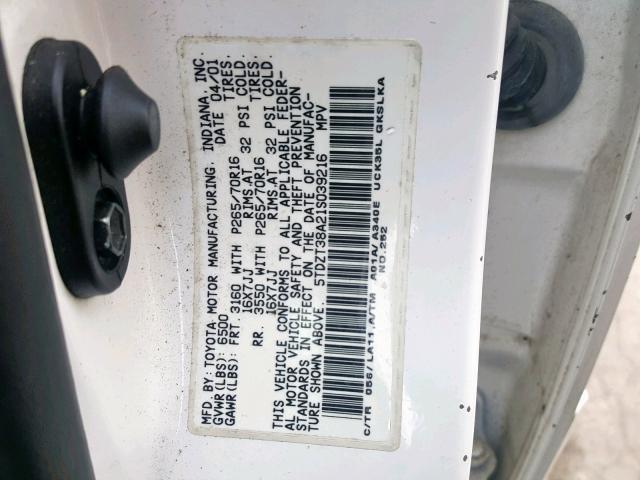 5TDZT38A21S039216 - 2001 TOYOTA SEQUOIA LI WHITE photo 10