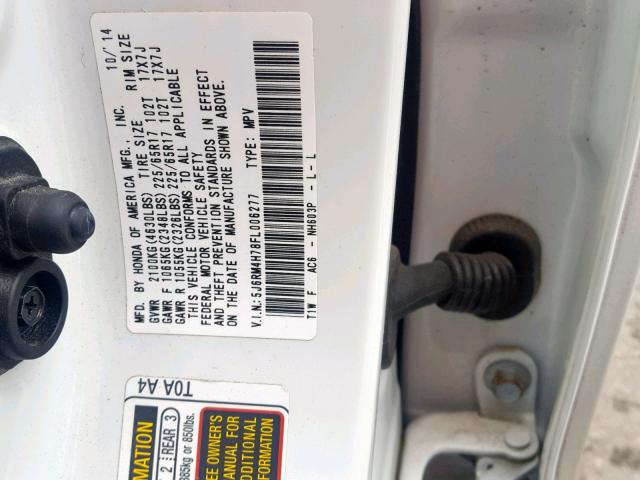 5J6RM4H78FL006277 - 2015 HONDA CR-V EXL WHITE photo 10