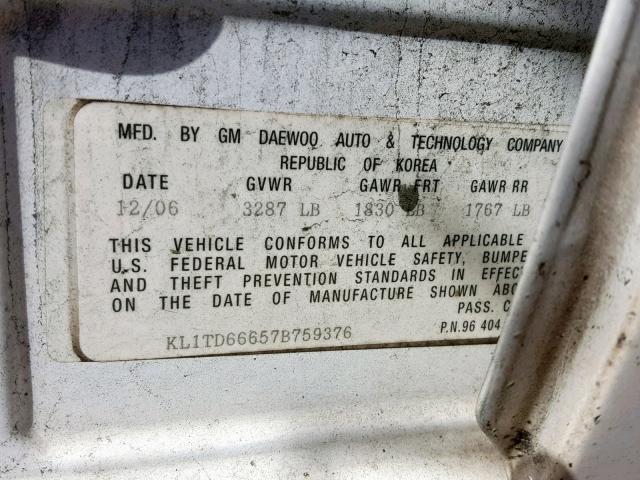 KL1TD66657B759376 - 2007 CHEVROLET AVEO BASE თეთრი ფოტო 10