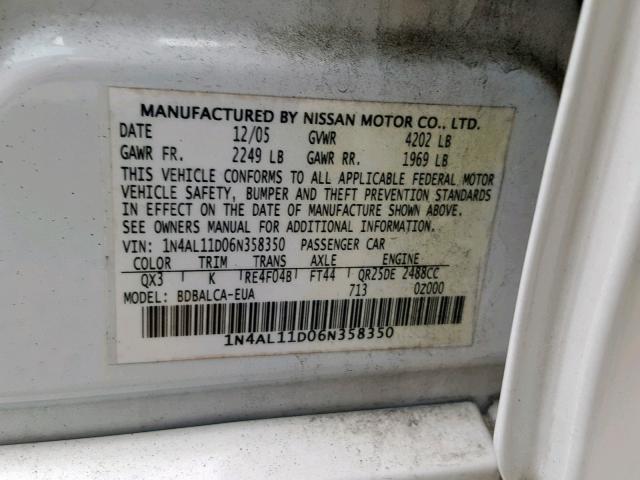 1N4AL11D06N358350 - 2006 NISSAN ALTIMA S WHITE photo 10