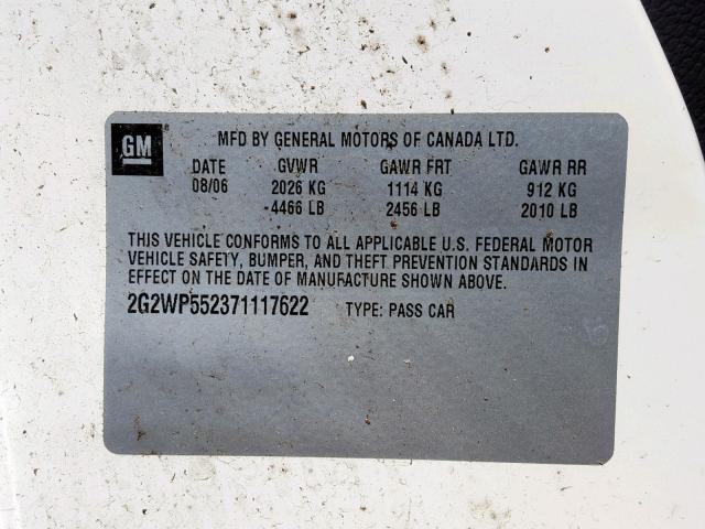 2G2WP552371117622 - 2007 PONTIAC GRAND PRIX WHITE photo 10