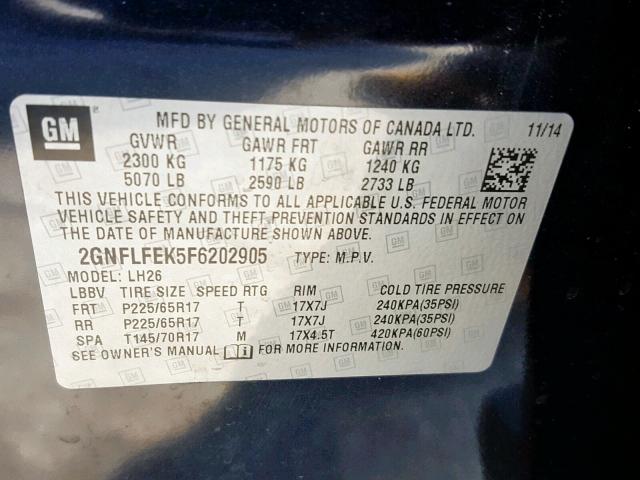 2GNFLFEK5F6202905 - 2015 CHEVROLET EQUINOX LT BLUE photo 10