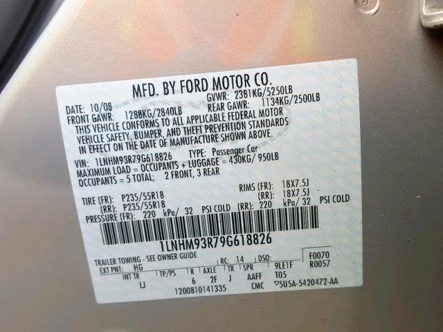 1LNHM93R79G618826 - 2009 LINCOLN MKS GRAY photo 10