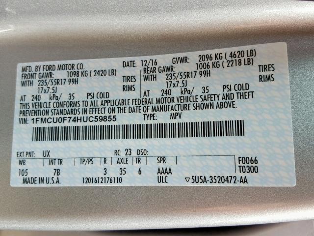 1FMCU0F74HUC59855 - 2017 FORD ESCAPE S SILVER photo 10