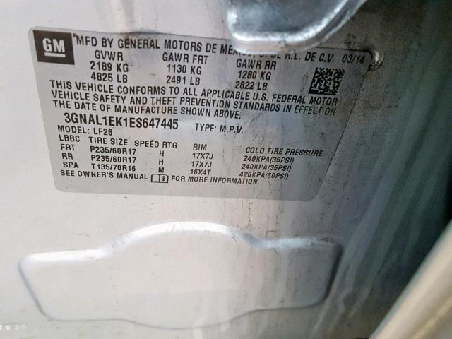 3GNAL1EK1ES647445 - 2014 CHEVROLET CAPTIVA LS ვერცხლისფერი ფოტო 10