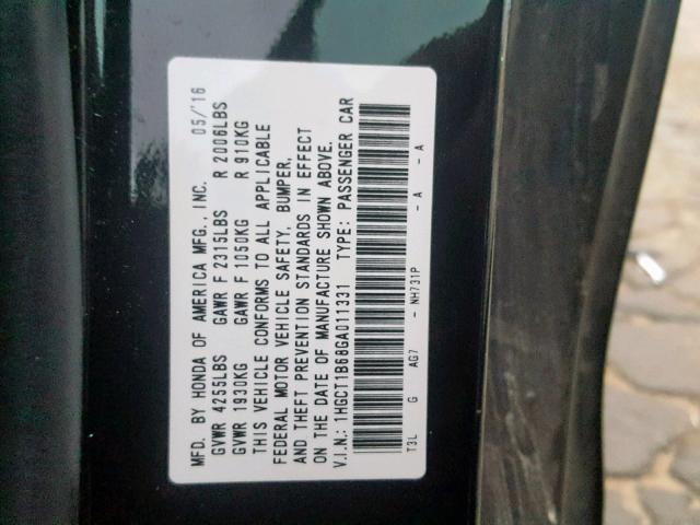 1HGCT1B68GA011331 - 2016 HONDA ACCORD EXL BLACK photo 10