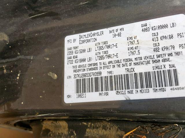 3D7KU28653G703990 - 2003 DODGE RAM 2500 S BURN photo 10