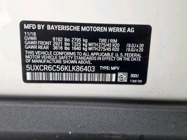 5UXCR6C56KLK86403 - 2019 BMW X5 XDRIVE4 WHITE photo 10