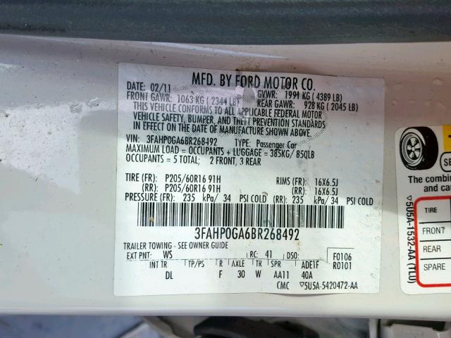 3FAHP0GA6BR268492 - 2011 FORD FUSION S WHITE photo 10