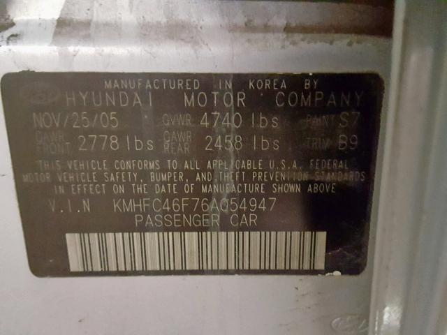 KMHFC46F76A054947 - 2006 HYUNDAI AZERA SE SILVER photo 10