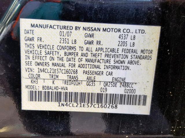 1N4CL21E57C160268 - 2007 NISSAN ALTIMA HYB BLACK photo 10