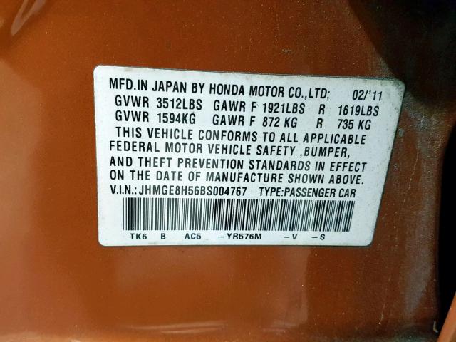 JHMGE8H56BS004767 - 2011 HONDA FIT SPORT BROWN photo 10