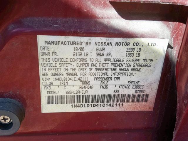 1N4DL01D41C142111 - 2001 NISSAN ALTIMA XE BURGUNDY photo 10