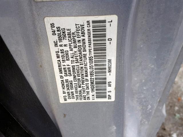 1HGEM22185L051085 - 2005 HONDA CIVIC DX V SILVER photo 10