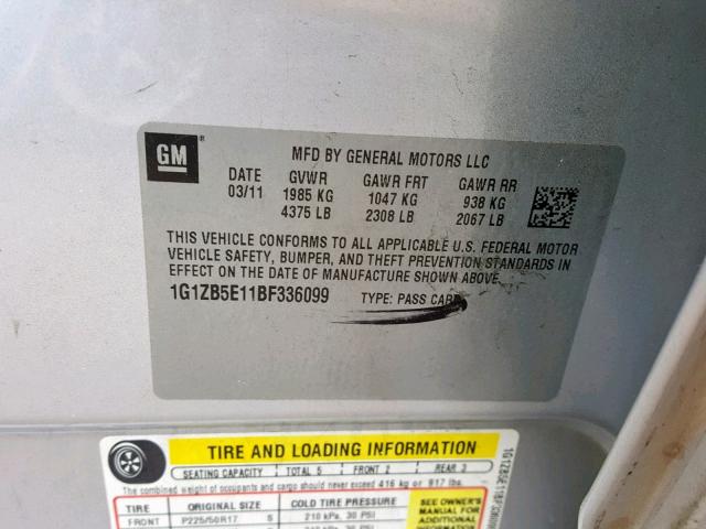 1G1ZB5E11BF336099 - 2011 CHEVROLET MALIBU LS SILVER photo 10