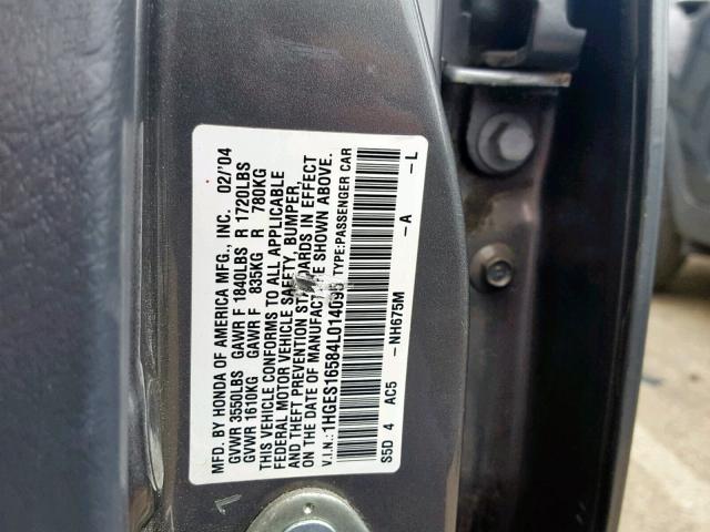 1HGES16584L014095 - 2004 HONDA CIVIC LX GRAY photo 10