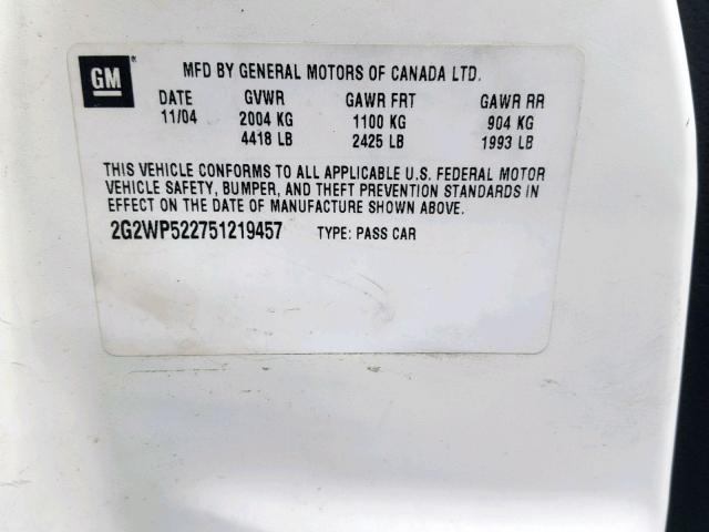 2G2WP522751219457 - 2005 PONTIAC GRAND PRIX WHITE photo 10