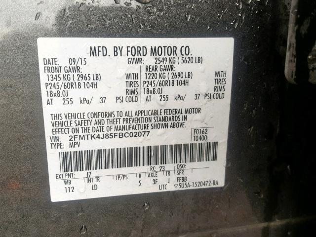 2FMTK4J85FBC02077 - 2015 FORD EDGE SEL CHARCOAL photo 10