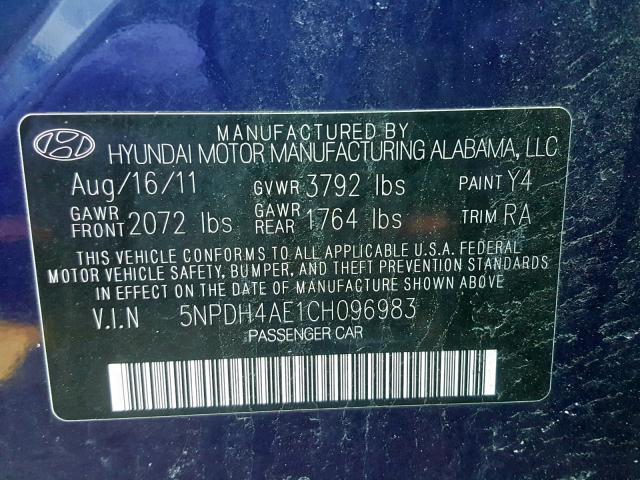 5NPDH4AE1CH096983 - 2012 HYUNDAI ELANTRA BLUE photo 10