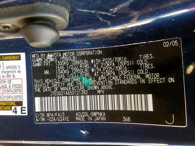 JTEGD21A650121382 - 2005 TOYOTA HIGHLANDER BLUE photo 10