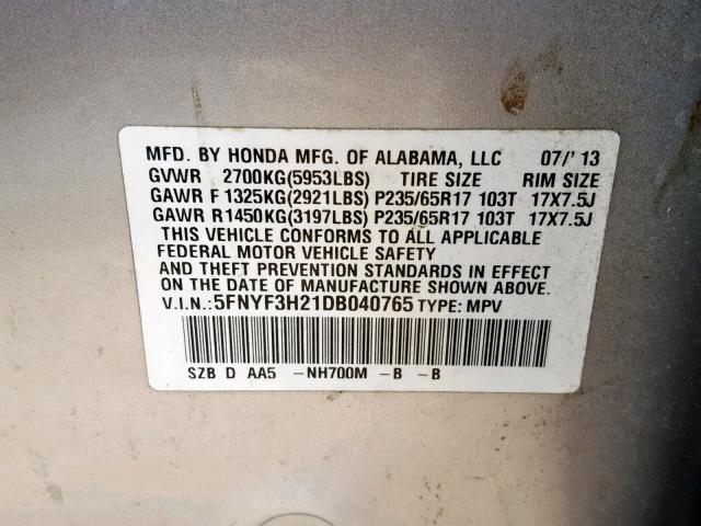 5FNYF3H21DB040765 - 2013 HONDA PILOT LX SILVER photo 10