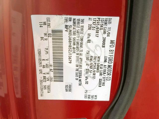 5LMEU68H85ZJ13679 - 2005 LINCOLN AVIATOR 勃艮第红 照片 10