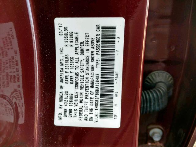 1HGCR2F86HA189403 - 2017 HONDA ACCORD EXL BURGUNDY photo 10