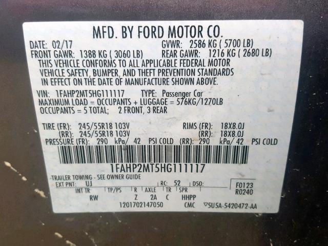 1FAHP2MT5HG111117 - 2017 FORD TAURUS POL GRAY photo 10