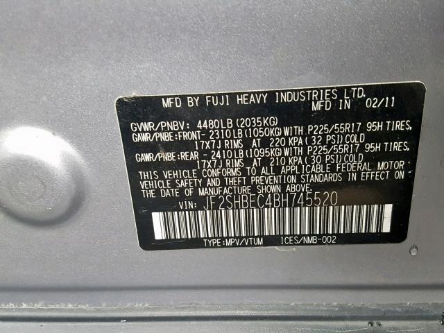 JF2SHBEC4BH745520 - 2011 SUBARU FORESTER L SILVER photo 10